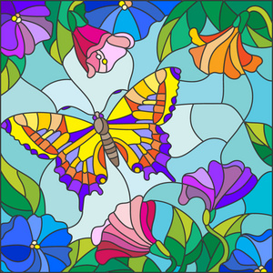 对天空 叶子和花朵明亮蝴蝶彩绘玻璃风格的插图