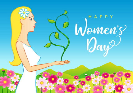 3月8日, 快乐妇女节美丽女人贺卡。春季背景下有刻字和美丽女人的国际妇女节的矢量插图