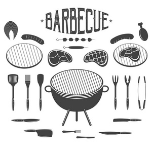 烧烤烤肉和烧烤设计元素。设备, 肉类, 鸡肉, 香肠, 烤肉串。图标, 牛排屋或烧烤酒吧的标签