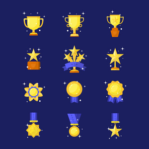 矢量奖杯, 奖牌, 奖杯和奖项的图标设置在黑暗背景孤立。平面样式