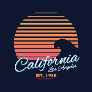 80s 风格的老式加州排版。复古 t恤图形与热带天堂的场景和波浪