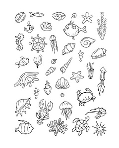海洋生命，您的设计草图的集合