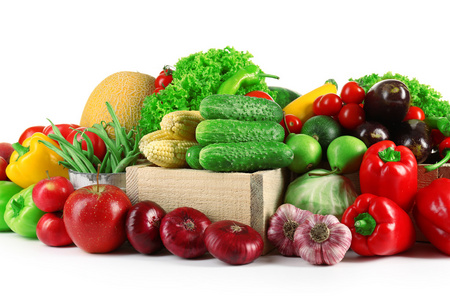 新鲜水果和蔬菜上白色孤立的组成