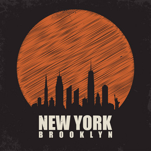 纽约, 布鲁克林印刷字体的 t恤打印。t恤图形与城市天际线剪影。老式三通印刷