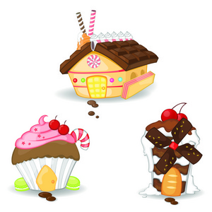 甜蜜糖果饼干蛋糕冰淇淋甜品屋图标集合集 1 幻想故事童话故事设计中的，创建由卡通矢量
