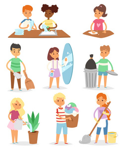 儿童清洁室和帮助他们的妈妈家务卡通人物清理矢量插图五颜六色设置