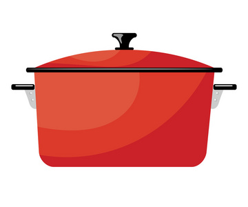 在白色背景上的卡通红色平底锅。厨房用具。Co