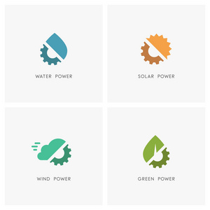 绿色能源标识集。水滴太阳云叶和齿轮或小齿轮的符号太阳能风能和水力发电工业生态和环境图标