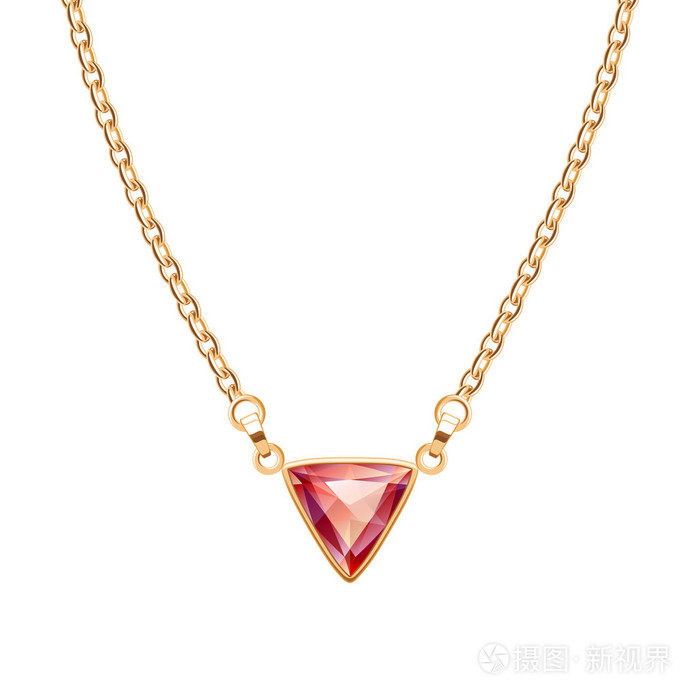带三角形红宝石吊坠的金链项链.
