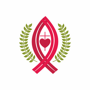 鱼教会教会的标志.基督教的象征.十字架,耶稣鱼和心照片