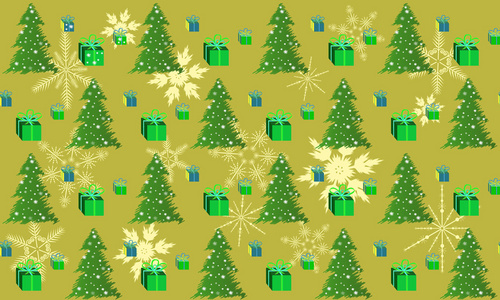 图案绿色圣诞树与礼物和。