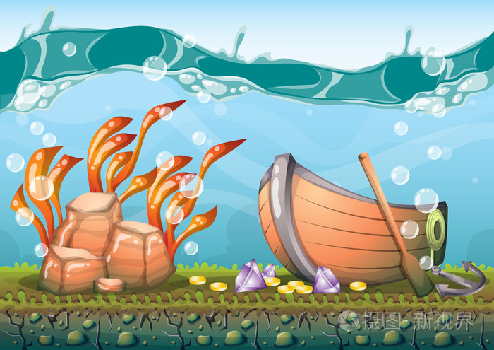卡通矢量水下宝藏背景分离层为游戏艺术和动画