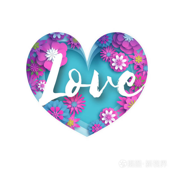 粉红色的蓝色文字在纸切割分层心脏 折纸快乐情人节贺卡 蓝天上的浪漫节日 2月14日 花 春天开花 现代装饰插画 正版商用图片0fciag 摄图新视界