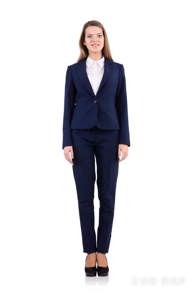 在蓝色西装上白色孤立的女商人
