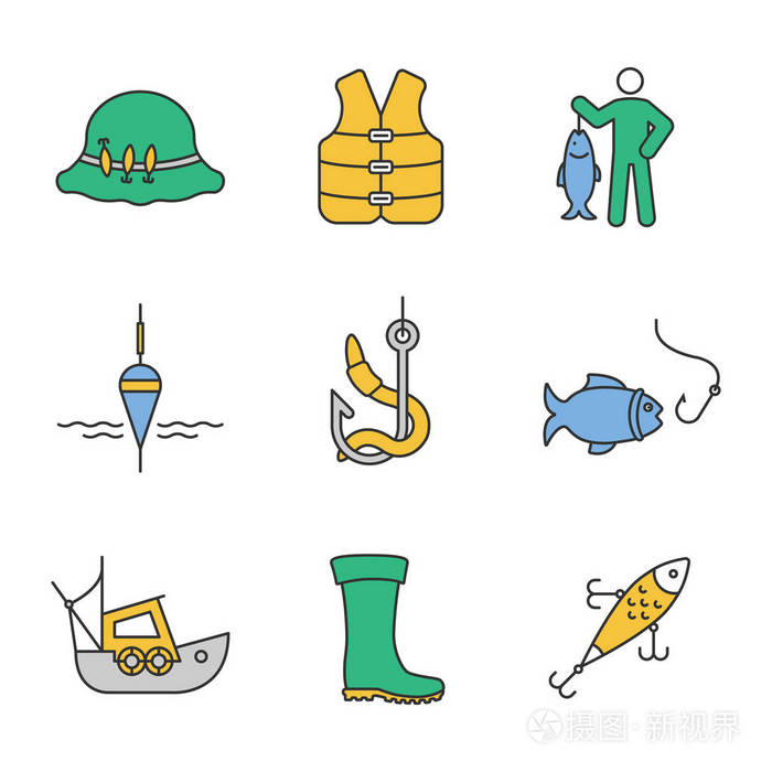 钓鱼颜色图标设置。渔夫的帽子, 救生衣, 渔获物, 漂浮, 活饵, 鱼钩