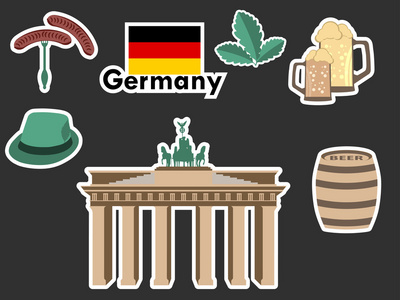 德国的贴纸,德国符号,勃兰登堡门,啤酒 橡树叶 巴伐利亚香肠.