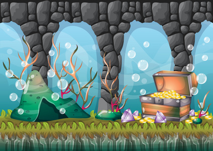 卡通矢量水下宝藏背景分离层为游戏艺术和动画照片