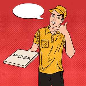 比萨饼送货的男子，拿着披萨盒。波普艺术矢量图