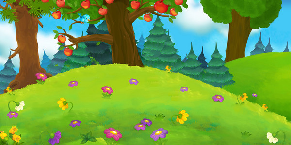 卡通背景的森林,没有人在舞台-上好不同的童话故事-儿童插画童话故事