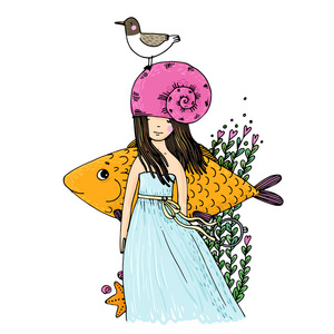 女孩, 鱼, 海鸥, 海藻, 海星, 环照片