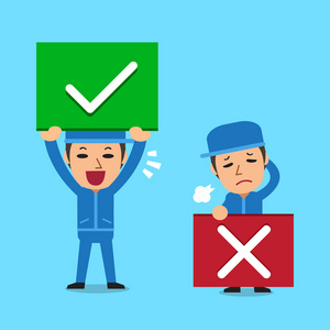 卡通平面矢量图商务在线网络概念商人的手抓住招牌绿色复选标记和红色