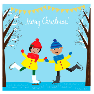 与可爱的女孩和男孩滑冰在冬季森林圣诞节图