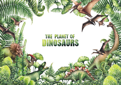 水彩设计与史前植物和恐龙照片