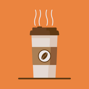 咖啡杯图标与咖啡豆在橙色背景。 平板电视