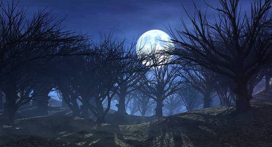 3d 渲染在月光下的魔法黑暗森林 幻想的风景与干燥死树没有叶子 黑暗神秘夜场景 万圣节海报背景照片 正版商用图片0fdxcz 摄图新视界