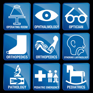 医疗图标在蓝色方形背景手术室 眼科 配镜师 整形外科 耳鼻咽喉科，集病理学 儿科急诊 儿科