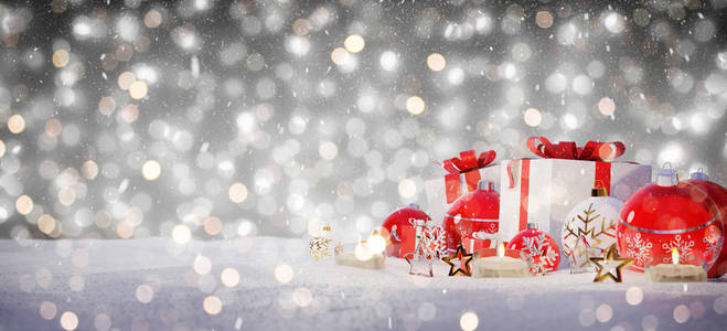 红色和白色圣诞礼物和小在雪3d 渲染