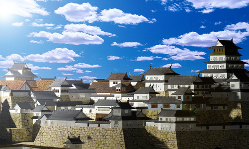 日本市区古代日本城堡与云蓝色天空作为背景照片