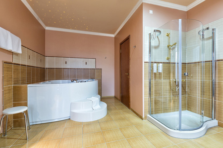 内部的浴室配有按摩浴缸和淋浴
