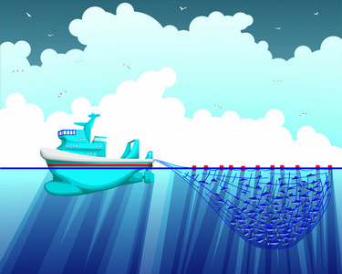 拖网海上拖网渔船的插图照片