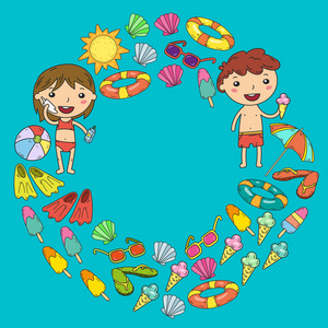 幼儿简笔画城堡小孩子玩耍.夏令营, 海滩, 度假.幼儿园和学龄前儿童.