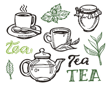 茶具剪影手绘涂鸦茶具套装照片