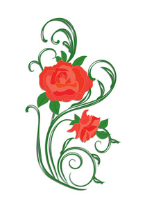 在白色背景上的装饰原茎上的玫瑰红色矢量插图
