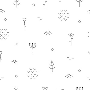 手绘图案与花卉元素, 山。斯堪的纳维亚风格。矢量插图