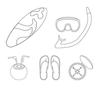 潜水冲浪鸡尾酒夏日假期集合图标在大纲样式矢量符号股票插画网站