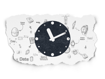时间轴概念 撕裂的纸张背景上的时钟