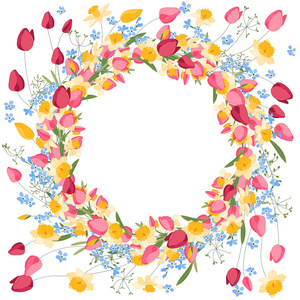 详细的轮廓花圈 withtulips 和水仙花上白色孤立