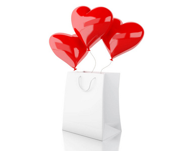 3d 插图。购物袋与红色气球在心脏的形式。情人节的概念。孤立的白色背景