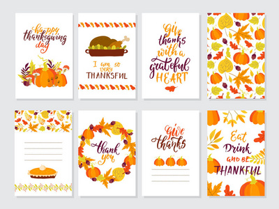 矢量感恩节请柬贺卡传单横幅海报模板。手绘符号, 可爱的设计元素, 和手写的刻字。感恩节矢量收集