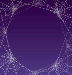 幽灵蜘蛛 web 框架与紫色背景。文本的空间。海报 web 横幅 卡片 请柬。万圣节矢量图