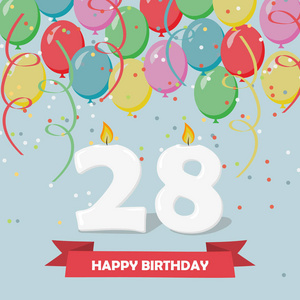 28年庆祝。生日贺卡, 蜡烛, 五彩纸屑和气球