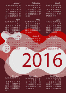 简单 2016年日历  2016年日历设计  垂直2016年日历周始于星期日