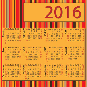 简单 2016年日历  2016年日历设计  垂直2016年日历周始于星期日