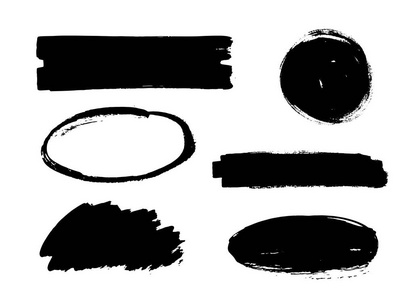黑色油漆 油墨画笔描边 圆 椭圆组。肮脏的艺术设计元素 盒 框架 背景