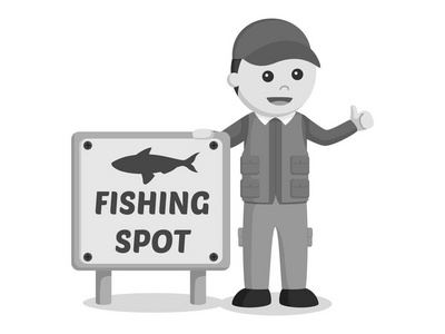 渔夫站在钓鱼点标志黑白风格