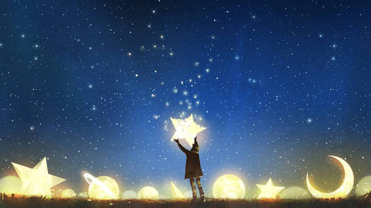 年轻的男孩站在发光的行星和藏品的明星在夜空中, 数字艺术风格, 插图绘画